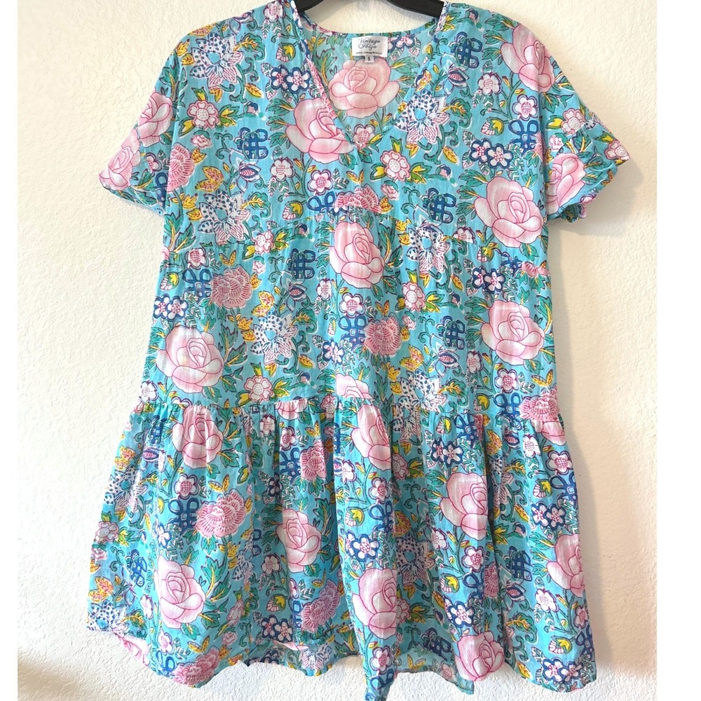 Vintage Ibiza Women Blue Pink Floral Cotton Tiered Babydoll Mini Dress Size S